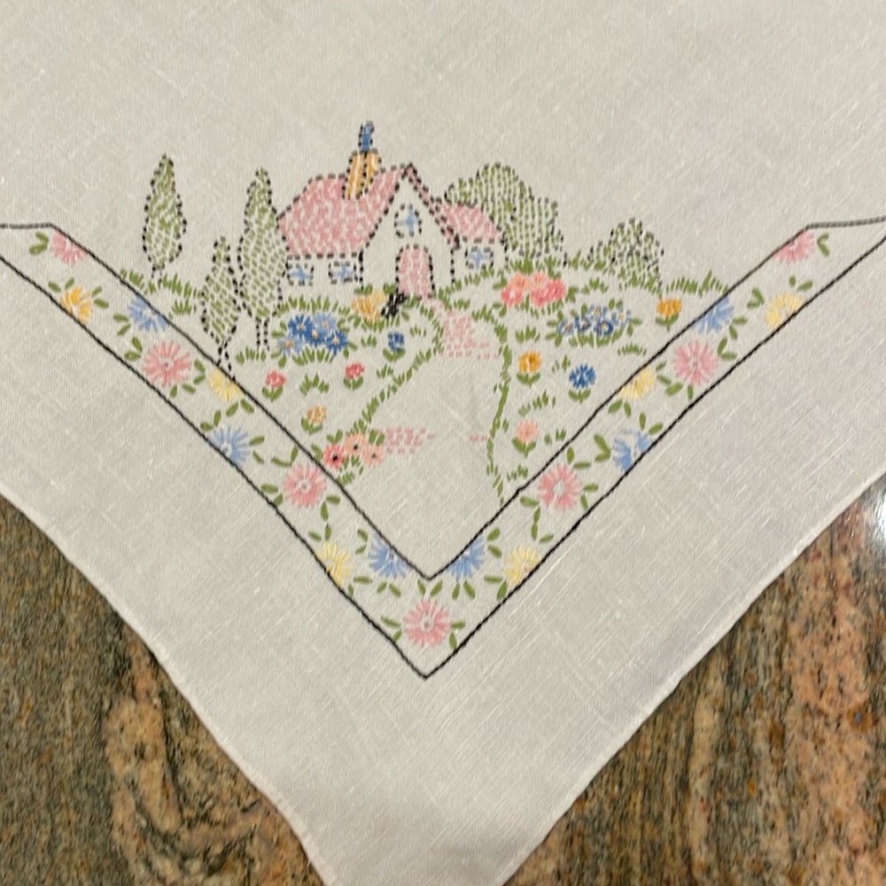 Linen Embroidered Sampler 29” Square Tablecloth Charming Cottage Floral